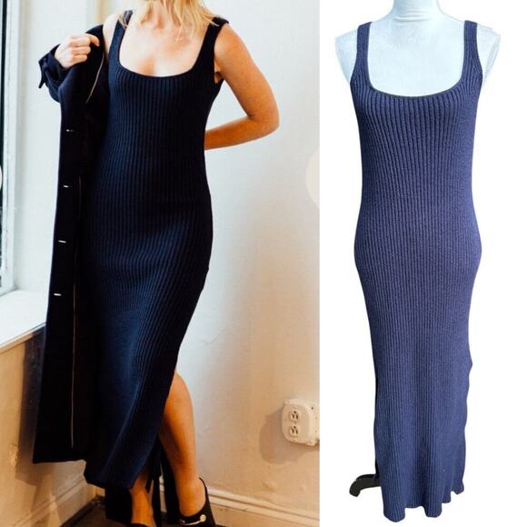 NAADAM Dresses & Skirts - NAADAM Navy Ribbed Scoop Neck Fitted Sweater Tank Midi Dress - Medium